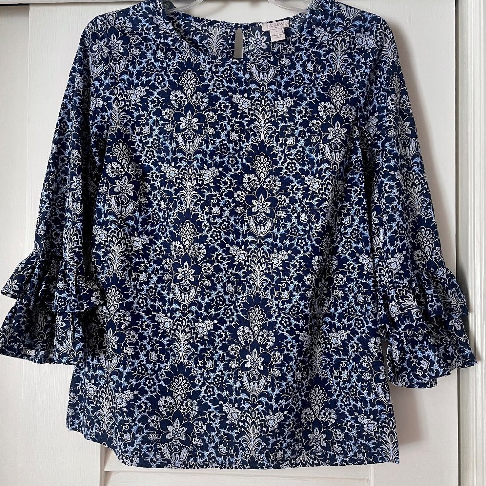 J. Crew Floral Top Size 4 Blue Navy Medallion Cotton Double Ruffle Sleeve Blouse